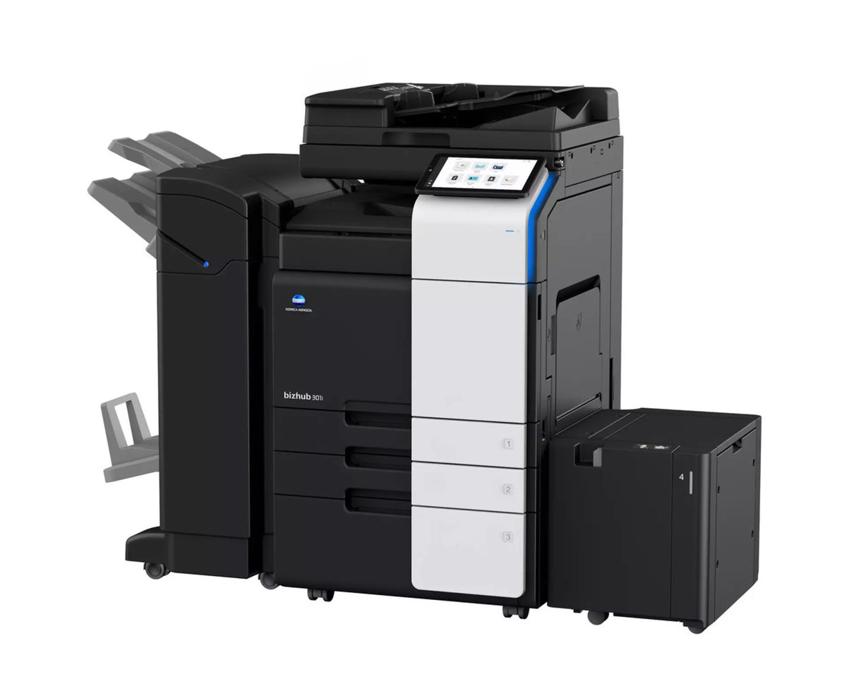Konica Minolta bizhub 300i, A3 MONO MFD, Std Print Controller 2x500 sheets Paper Cassette, 100 sheet bypass, HDD SDD 250GB, Duplex, Black & White
