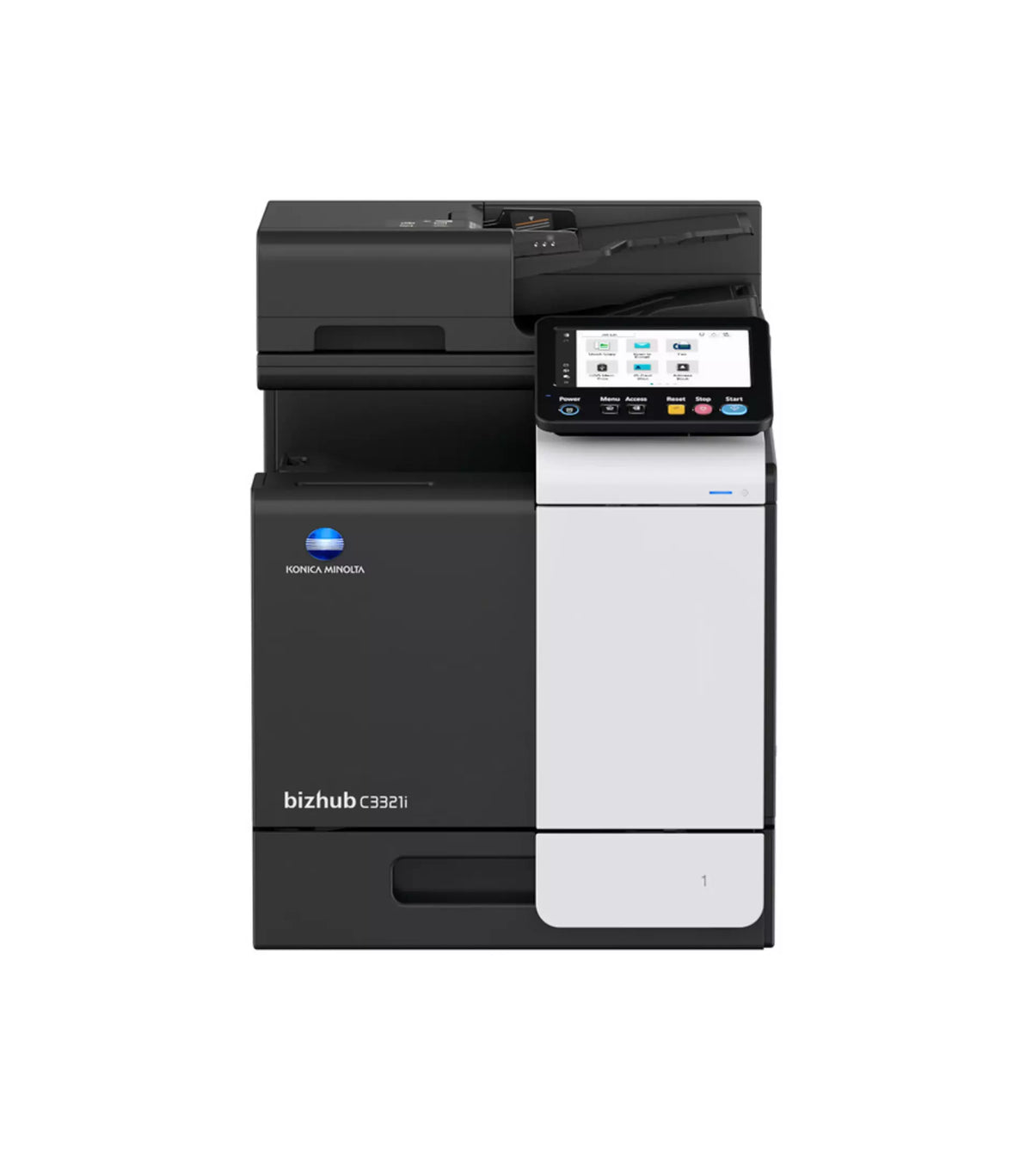 Konica Minolta bizhub C3321i -A4 MFD. Print cntrllr. Std 500 sheets and 100-sheet bypass paper capacity. ADF and duplex unit std.