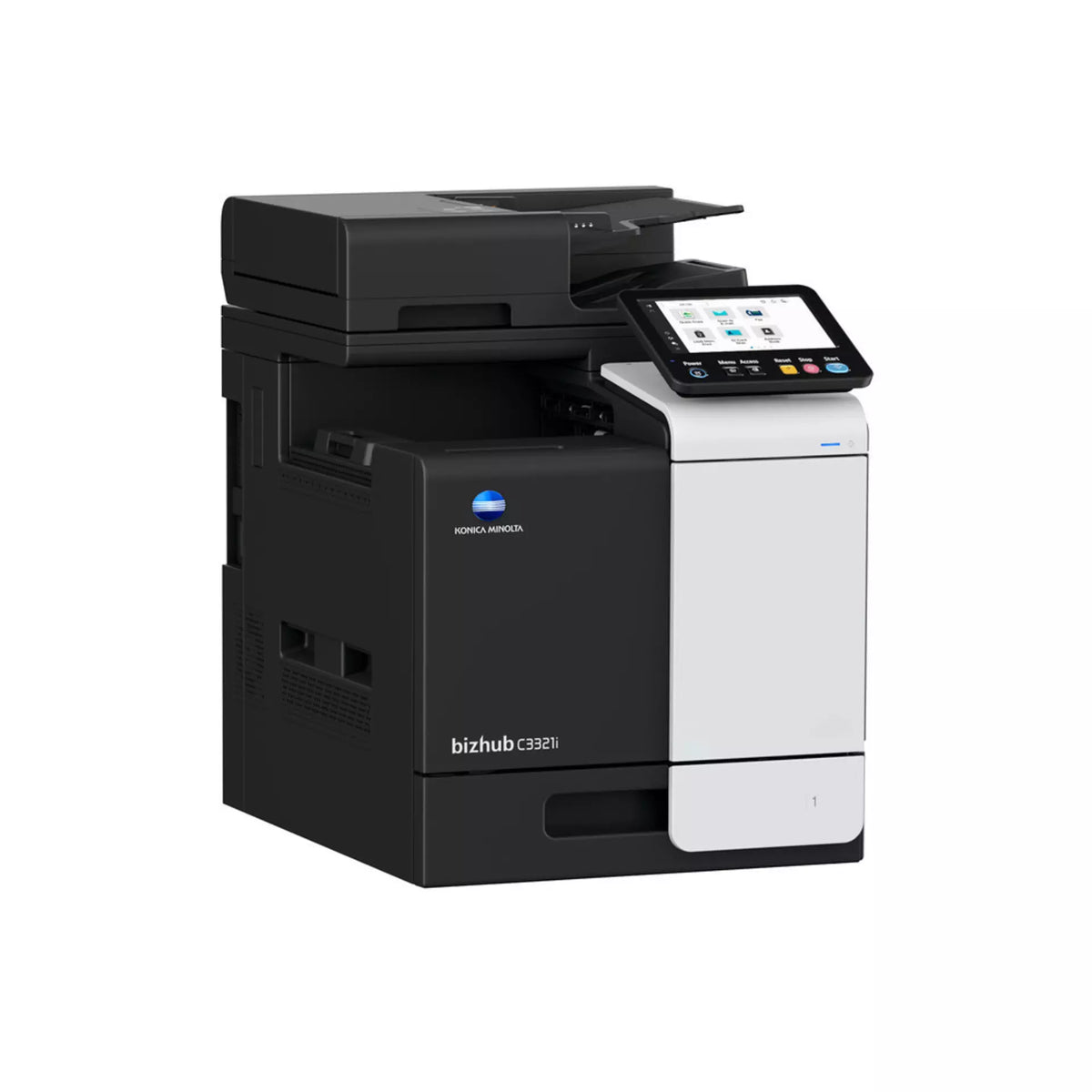 Konica Minolta bizhub C3321i -A4 MFD. Print cntrllr. Std 500 sheets and 100-sheet bypass paper capacity. ADF and duplex unit std.