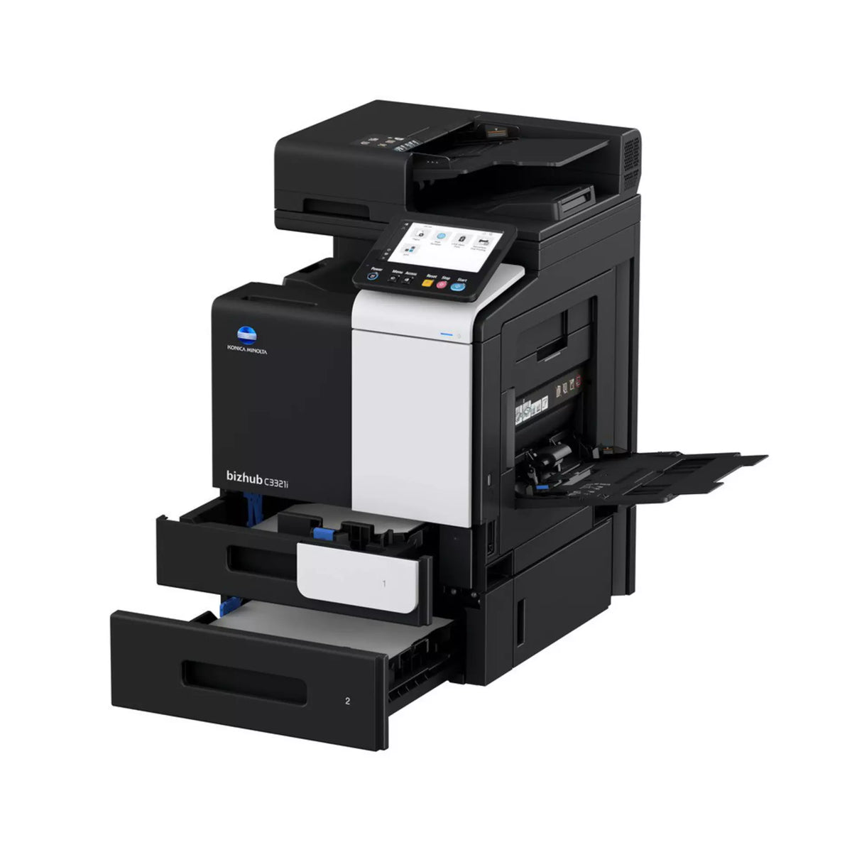 Konica Minolta bizhub C3321i -A4 MFD. Print cntrllr. Std 500 sheets and 100-sheet bypass paper capacity. ADF and duplex unit std.