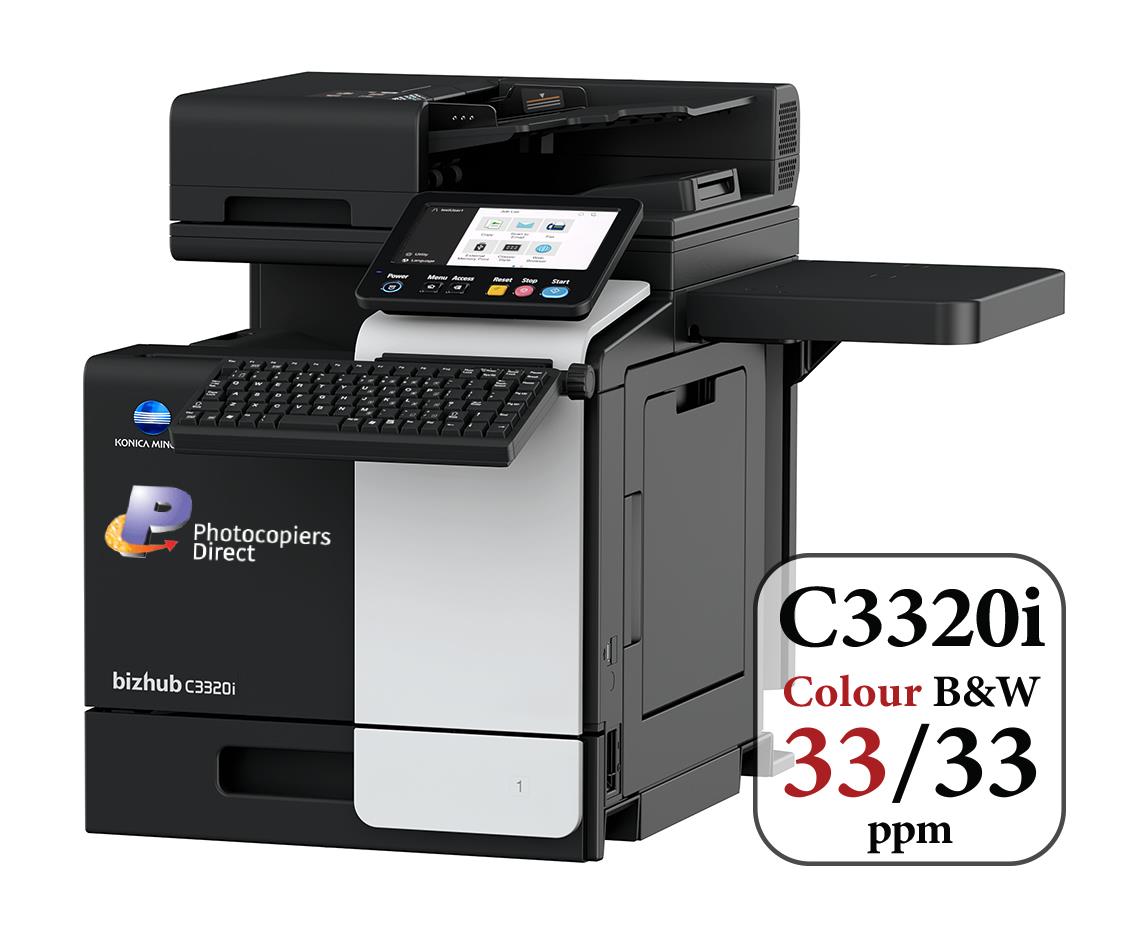 Konica Minolta bizhub C3320i -A4 MFD. Print cntrllr. Std 500 sheets and 100-sheet bypass paper capacity. ADF and duplex unit std.