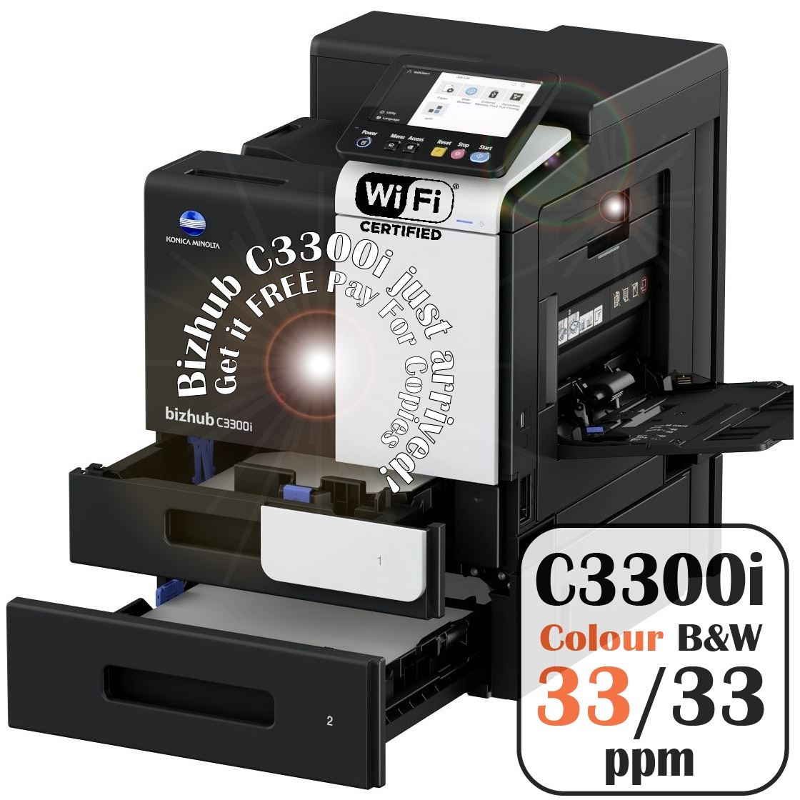 Konica Minolta bizhub C3300i - A4 Single Function Printer.  Std 500 sheets and 100-sheet bypass. Duplex unit std.