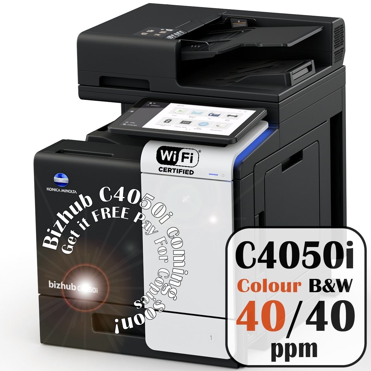 Konica Minolta bizhub C4050i A4 MFD.  Std print cntrllr and fax. 500 sheets & 100-sheet bypass. Dual Scan-DF and duplex std.