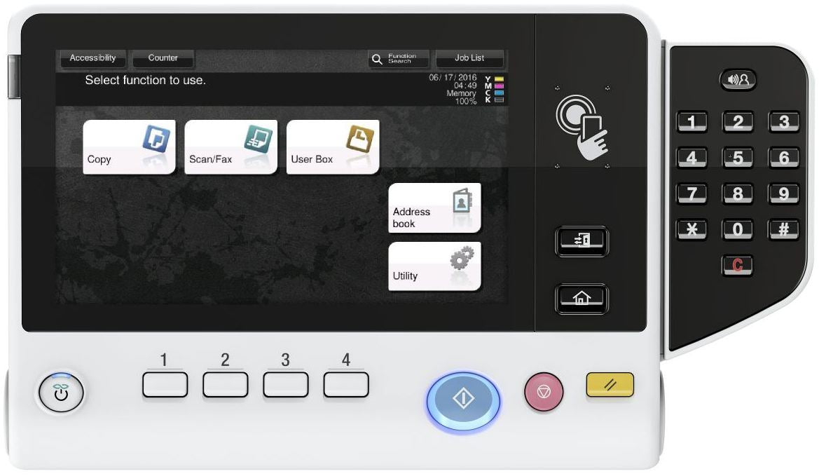 Konica Minolta bizhub C3851FS A4 MFD with FINISHER.  Standard printer controller and fax. 550 sheets and 100-sheet bypass. ARDF and duplex standard.