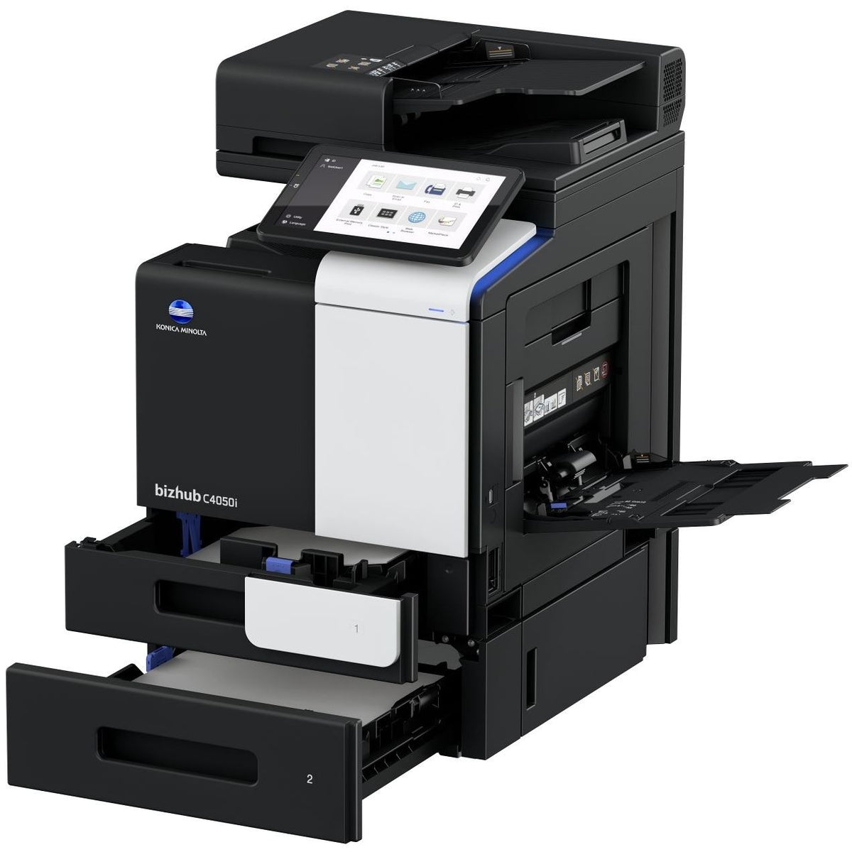 Konica Minolta bizhub C4050i A4 MFD.  Std print cntrllr and fax. 500 sheets & 100-sheet bypass. Dual Scan-DF and duplex std.