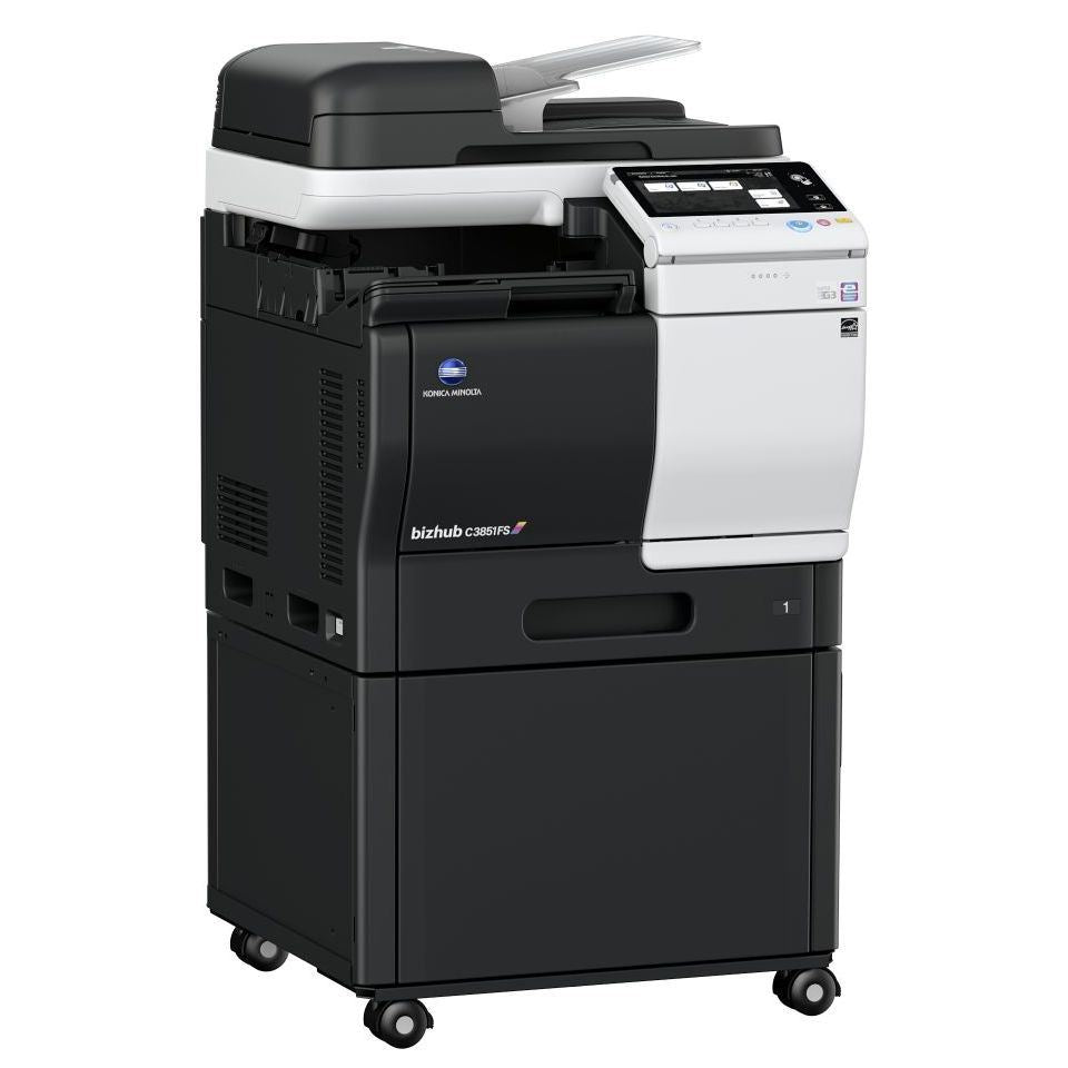 Konica Minolta bizhub C3851FS A4 MFD with FINISHER.  Standard printer controller and fax. 550 sheets and 100-sheet bypass. ARDF and duplex standard.