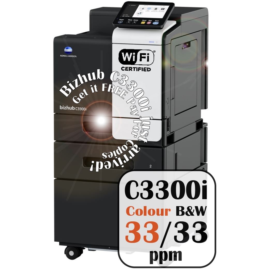 Konica Minolta bizhub C3300i - A4 Single Function Printer.  Std 500 sheets and 100-sheet bypass. Duplex unit std.