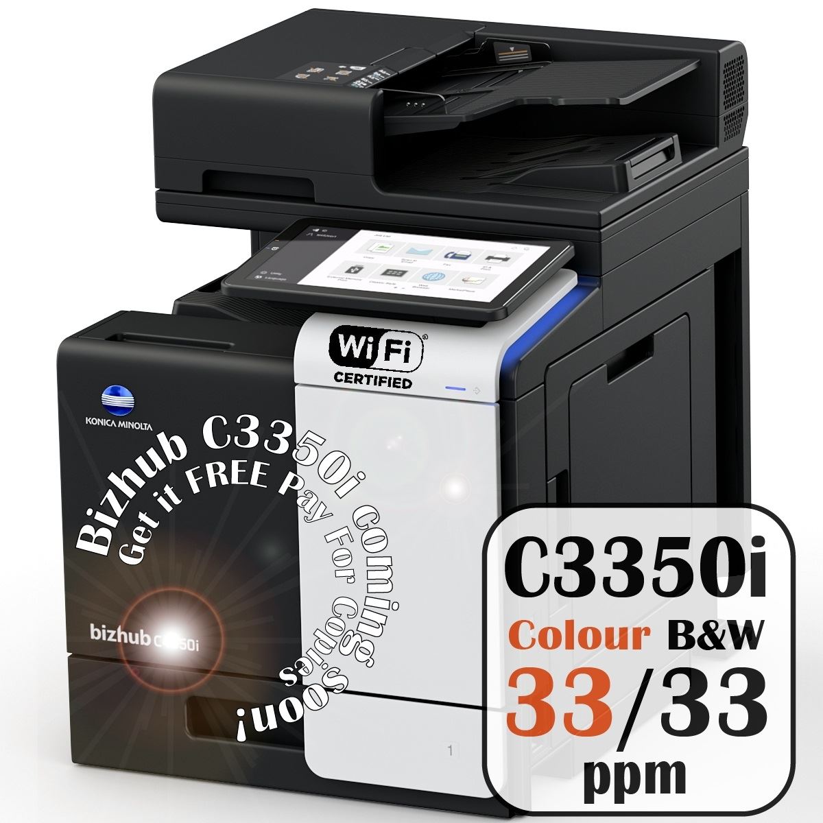 Konica Minolta bizhub C3350i A4 MFD. Std print controller w/PCL & PS3. 500 sheets & 100-sheet bypass.Dual Scan-DF and duplex standard.
