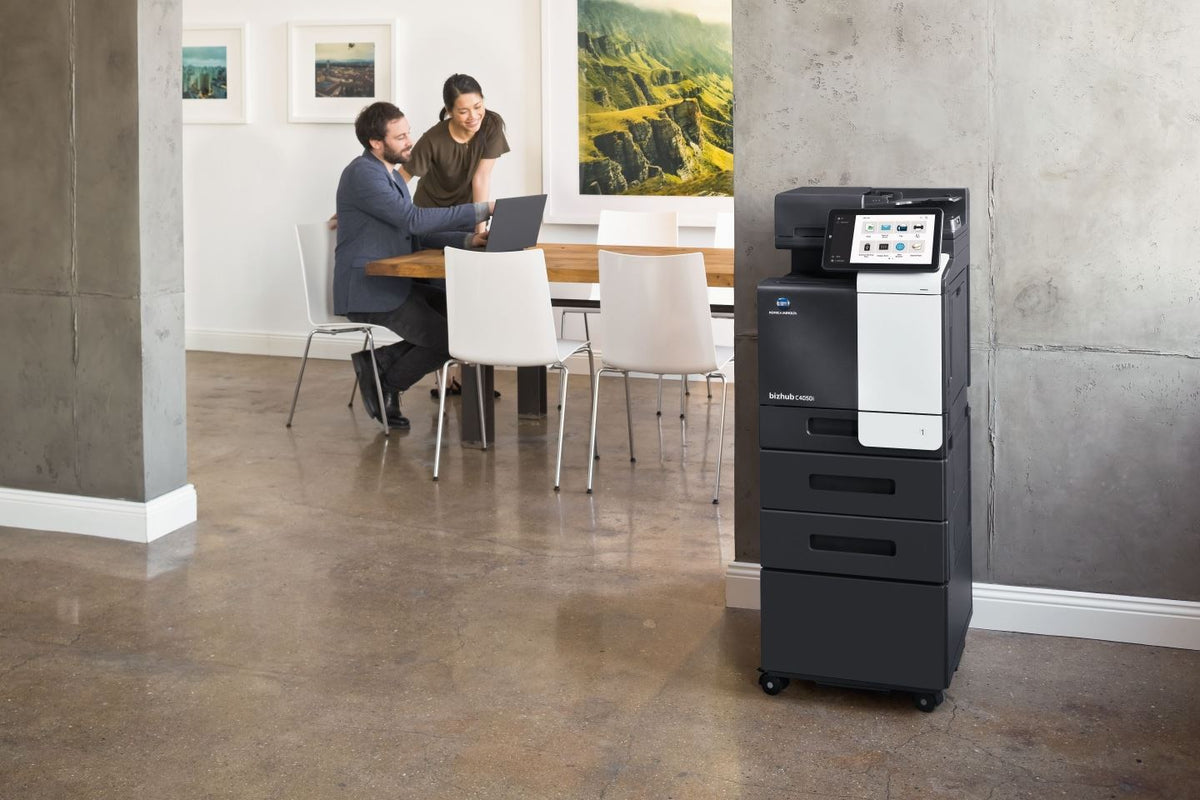 Konica Minolta bizhub C4050i A4 MFD.  Std print cntrllr and fax. 500 sheets & 100-sheet bypass. Dual Scan-DF and duplex std.
