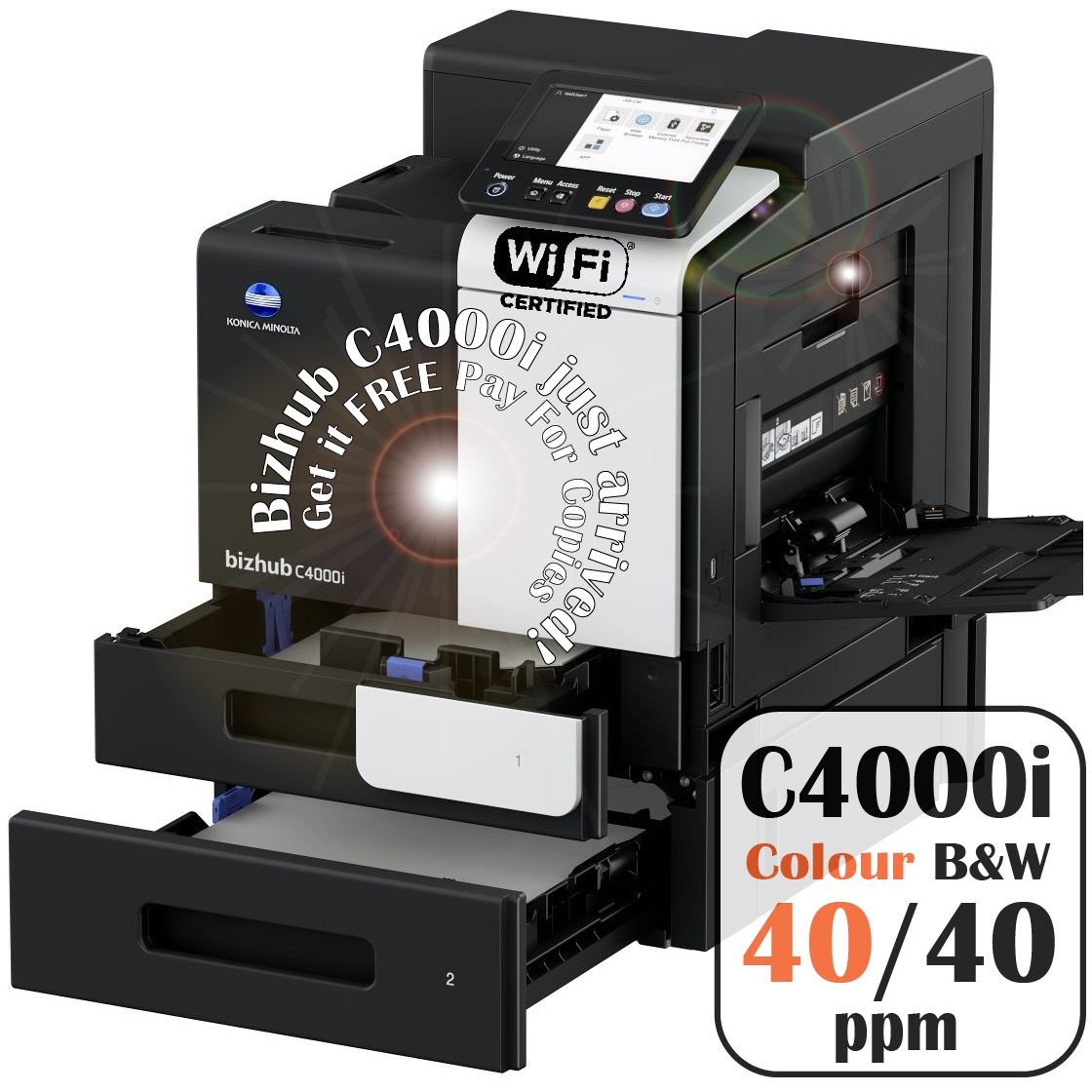Konica Minolta bizhub C4000i - A4 Single Function Printer.  Std 500 sheets and 100-sheet bypass. Duplex unit std.