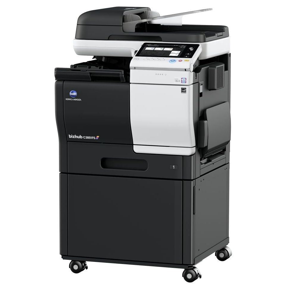 Konica Minolta bizhub C3851FS A4 MFD with FINISHER.  Standard printer controller and fax. 550 sheets and 100-sheet bypass. ARDF and duplex standard.